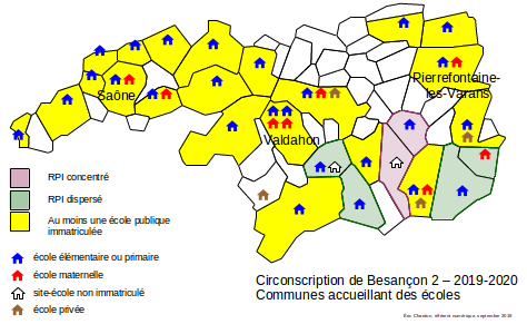 Carte des écoles de la circonscription de Besançon 2